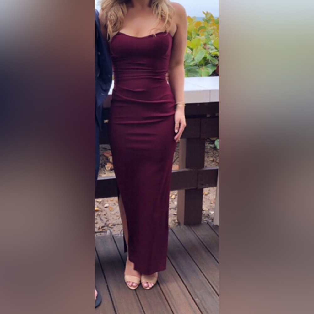 Katie May Burgundy Strapless Sweetheart Dress with Slit & Criss-Cross Back